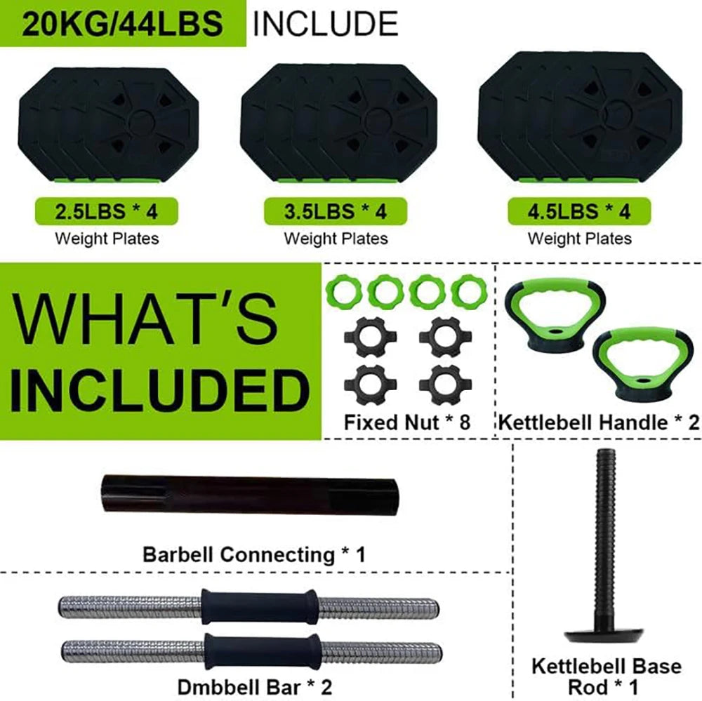 4 in 1 Adjustable Dumbbell Set,44lbs Weight Set with Iron Handle Used as Kettlebell