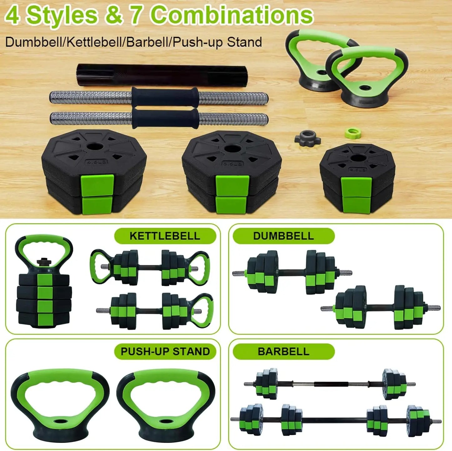 4 in 1 Adjustable Dumbbell Set,44lbs Weight Set with Iron Handle Used as Kettlebell