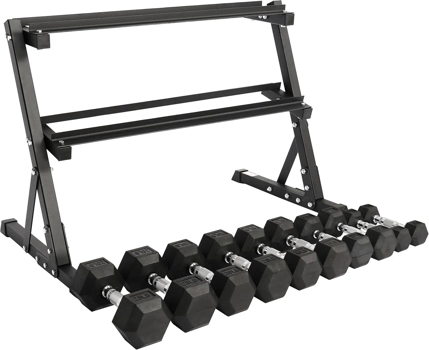 Signature Fitness 150LB Rubber Coated Hex Dumbbell Weight Set and Storage Rack, 5-25 lbs Pairs