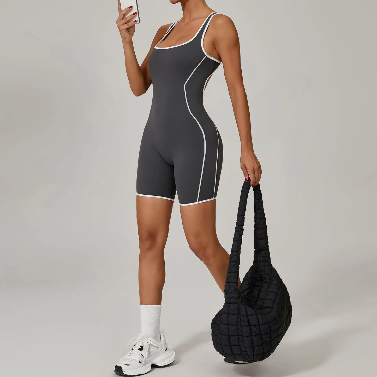 Women's Color Contrast Workout Jumpsuit Cross Back Butt Lifting Bodysuit with Removable Bra Pad for Sport Gym Fitness Running