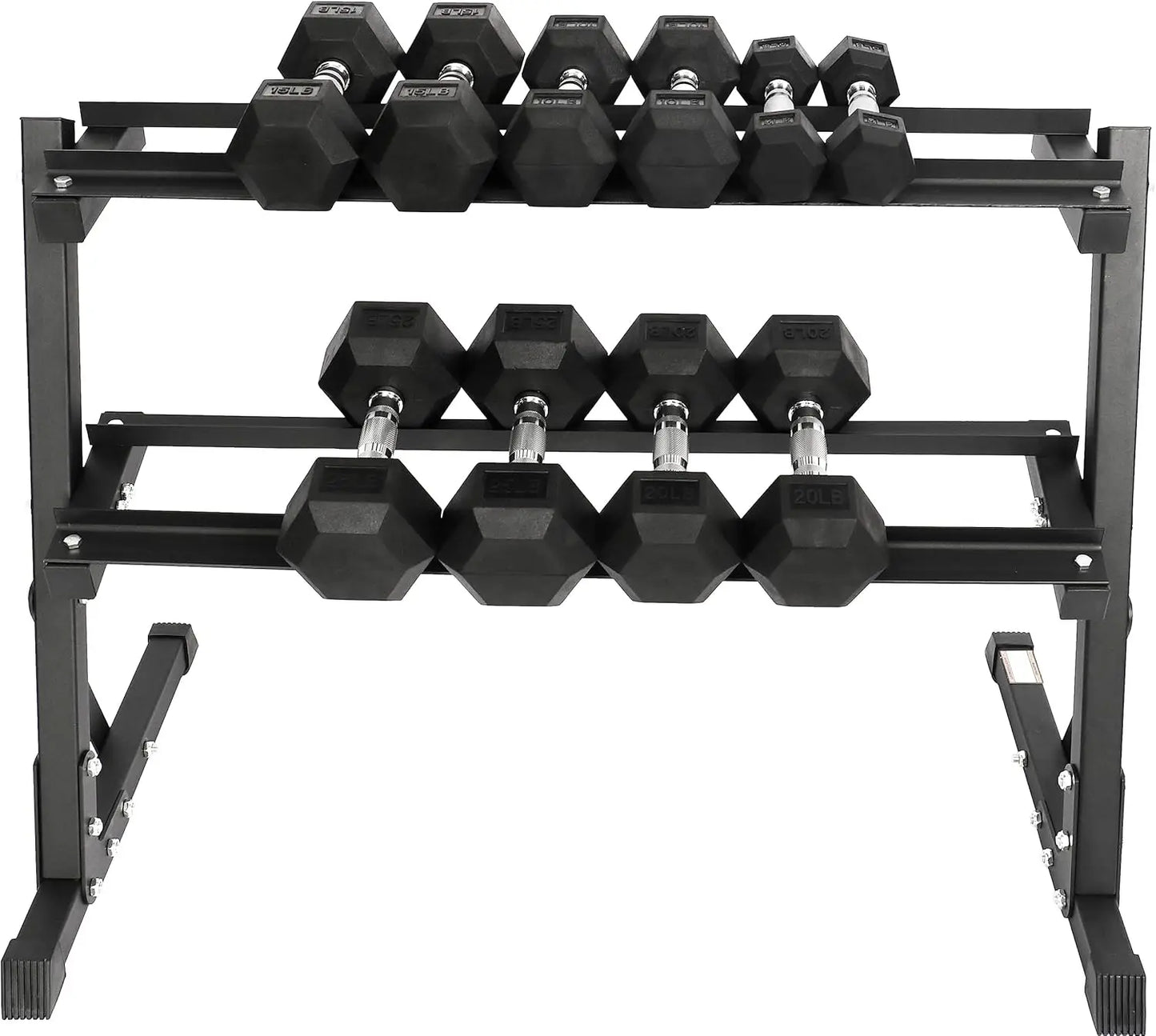 Signature Fitness 150LB Rubber Coated Hex Dumbbell Weight Set and Storage Rack, 5-25 lbs Pairs