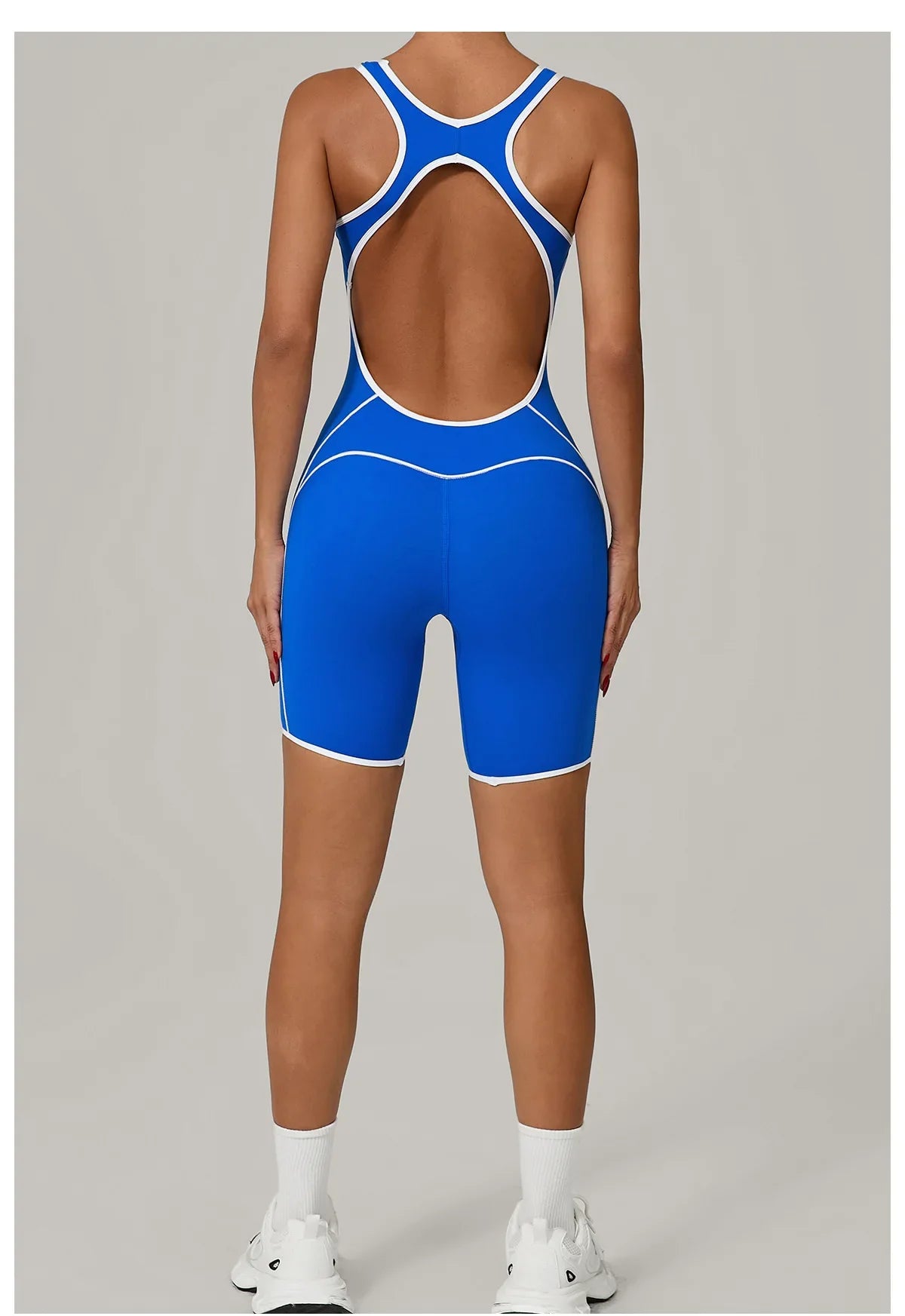 Women's Color Contrast Workout Jumpsuit Cross Back Butt Lifting Bodysuit with Removable Bra Pad for Sport Gym Fitness Running