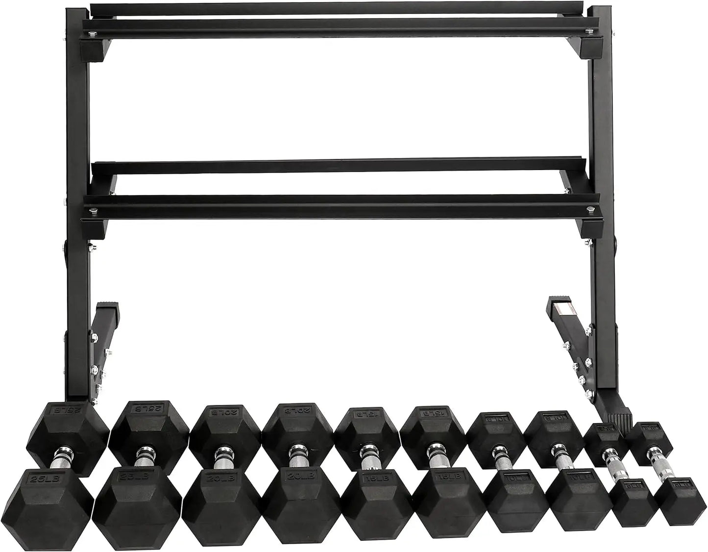 Signature Fitness 150LB Rubber Coated Hex Dumbbell Weight Set and Storage Rack, 5-25 lbs Pairs