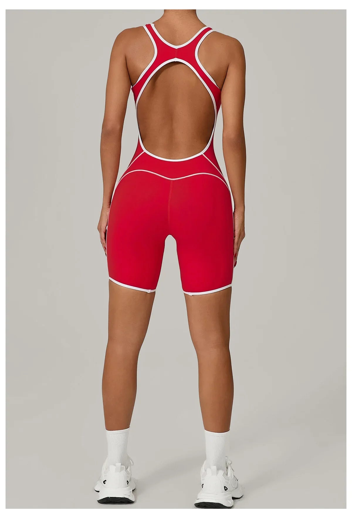 Women's Color Contrast Workout Jumpsuit Cross Back Butt Lifting Bodysuit with Removable Bra Pad for Sport Gym Fitness Running