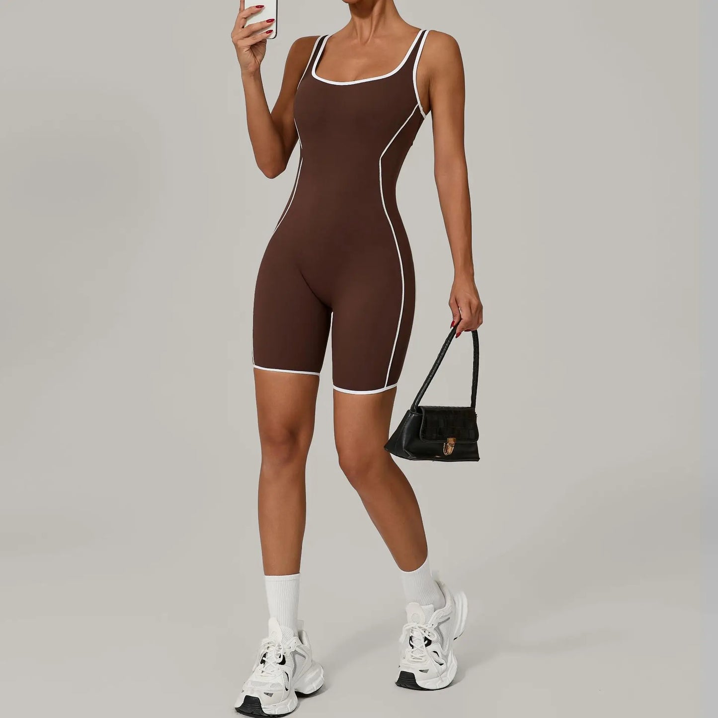 Women's Color Contrast Workout Jumpsuit Cross Back Butt Lifting Bodysuit with Removable Bra Pad for Sport Gym Fitness Running