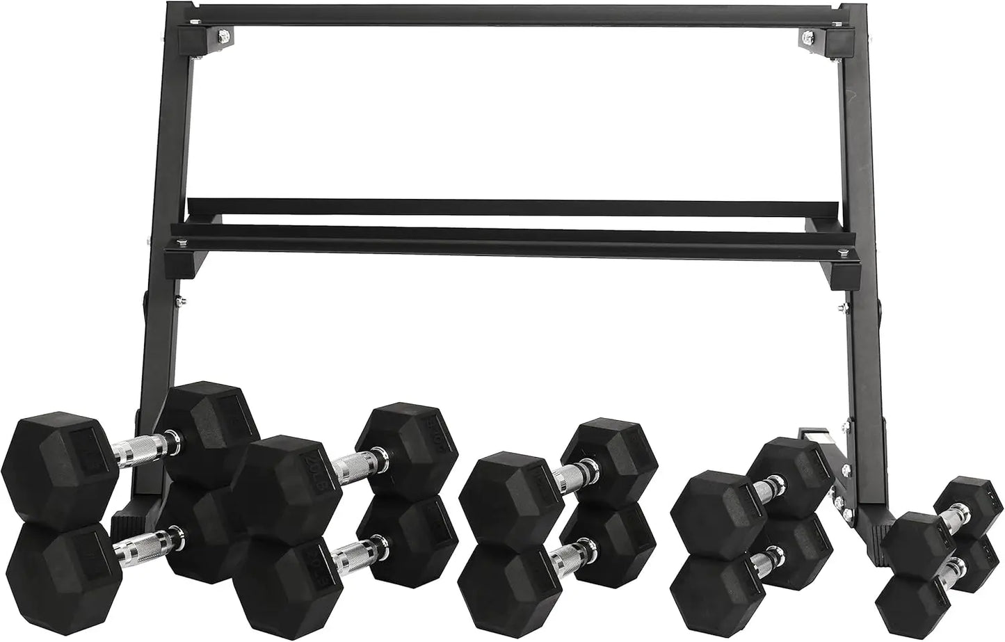 Signature Fitness 150LB Rubber Coated Hex Dumbbell Weight Set and Storage Rack, 5-25 lbs Pairs