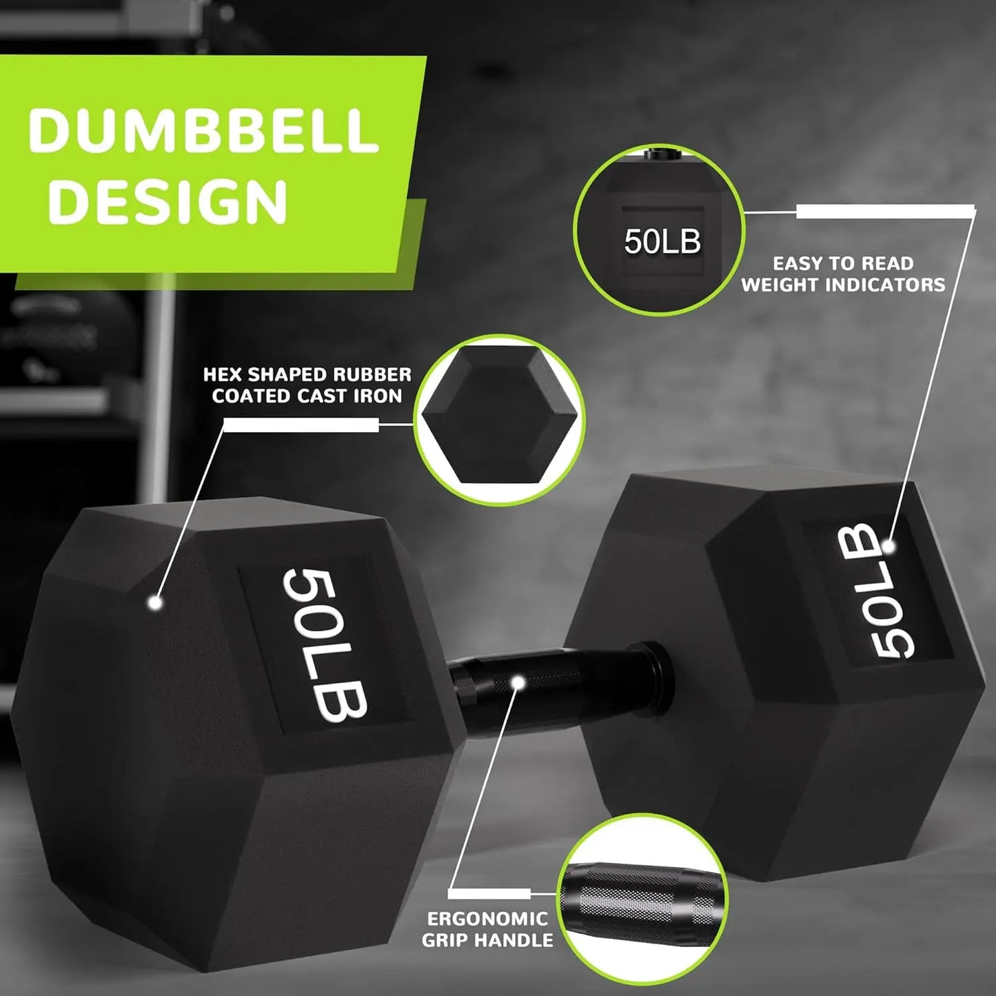 Rubber Encased Exercise & Fitness Hex Dumbbell