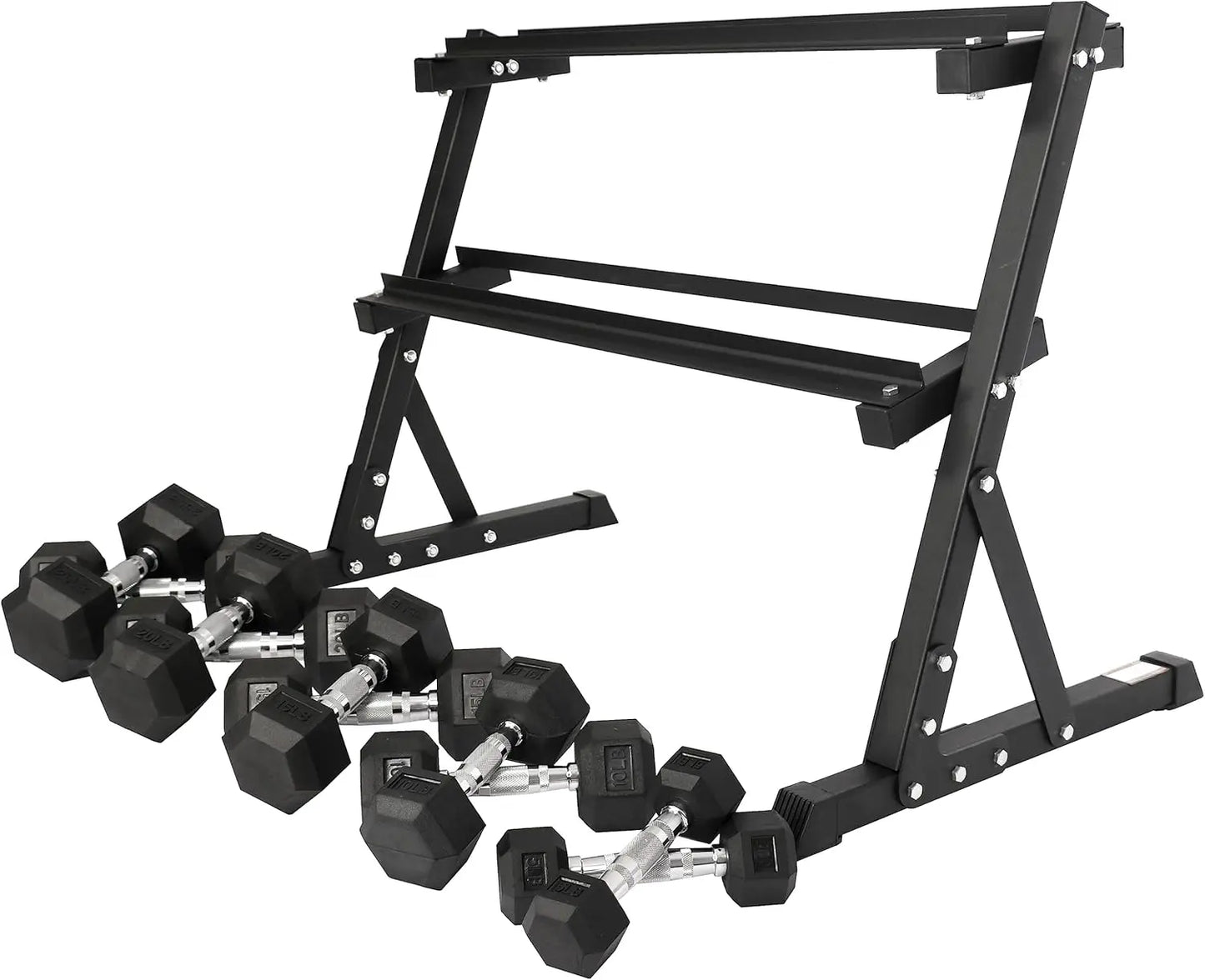 Signature Fitness 150LB Rubber Coated Hex Dumbbell Weight Set and Storage Rack, 5-25 lbs Pairs