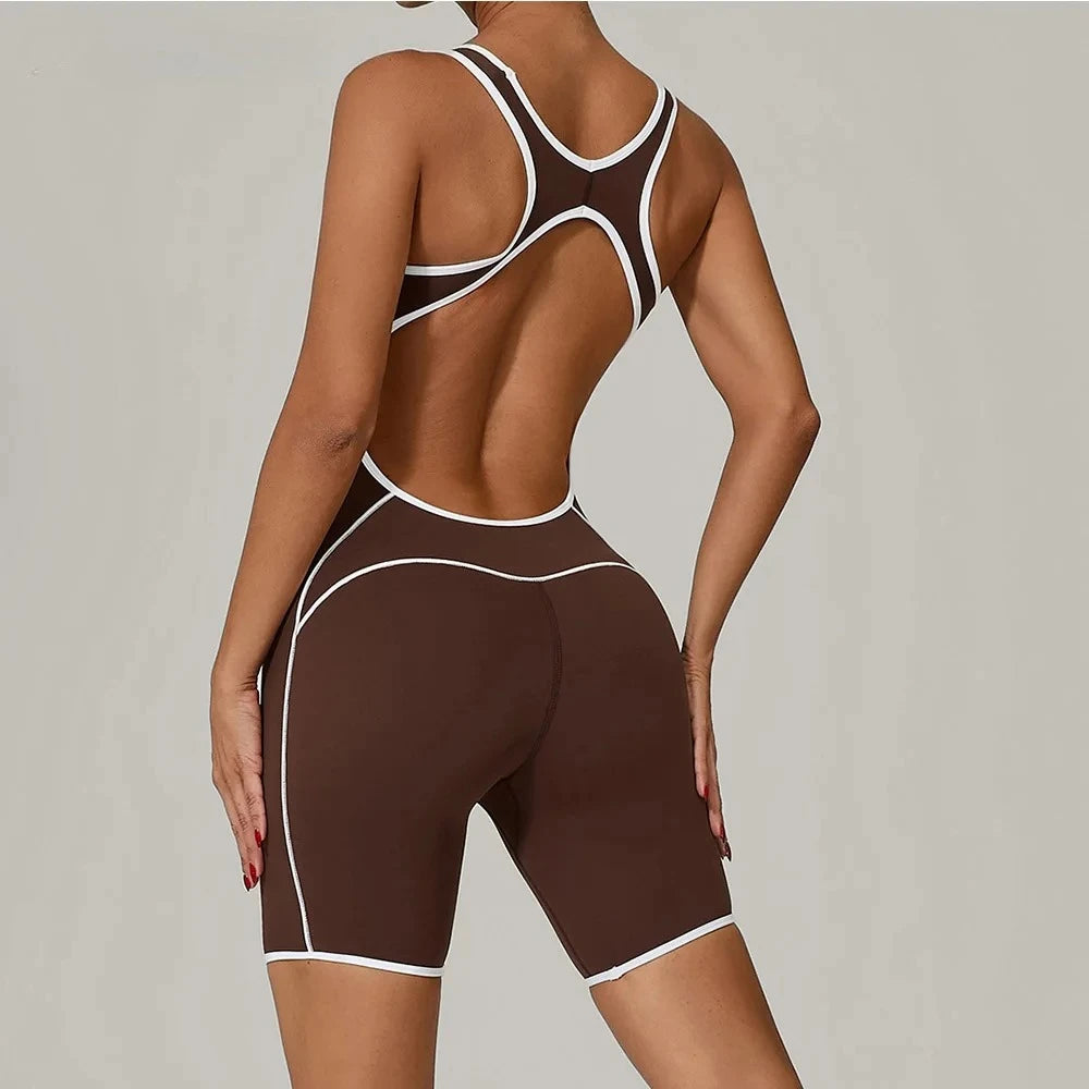 Women's Color Contrast Workout Jumpsuit Cross Back Butt Lifting Bodysuit with Removable Bra Pad for Sport Gym Fitness Running