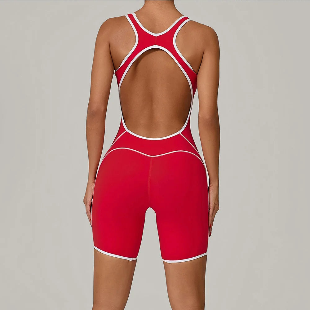 Women's Color Contrast Workout Jumpsuit Cross Back Butt Lifting Bodysuit with Removable Bra Pad for Sport Gym Fitness Running
