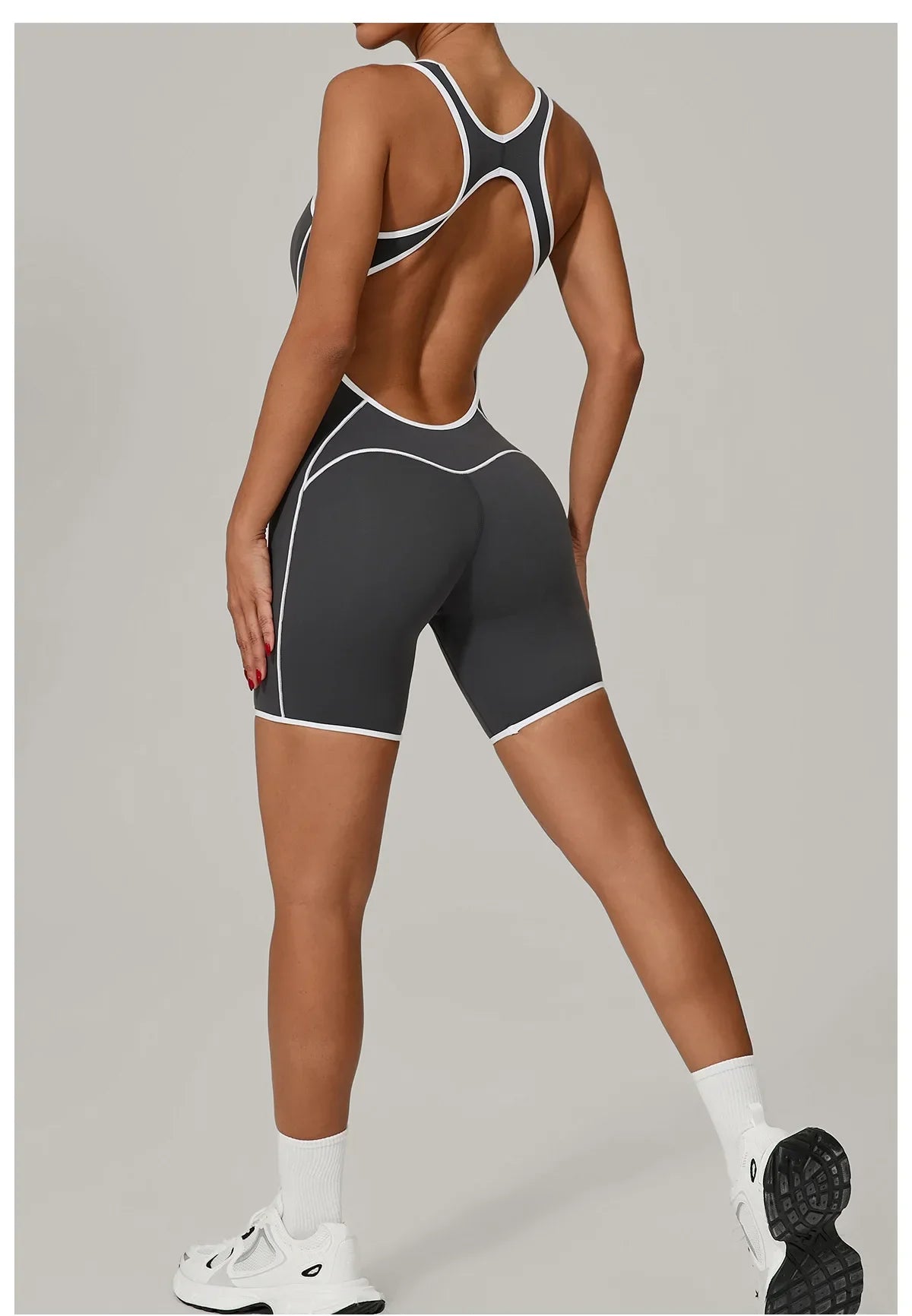 Women's Color Contrast Workout Jumpsuit Cross Back Butt Lifting Bodysuit with Removable Bra Pad for Sport Gym Fitness Running