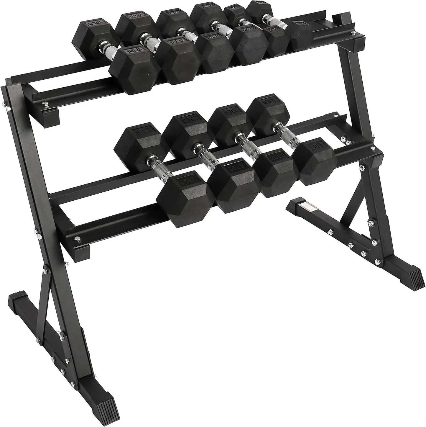 Signature Fitness 150LB Rubber Coated Hex Dumbbell Weight Set and Storage Rack, 5-25 lbs Pairs